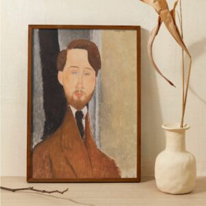 Portrait of Leopold Zborowski by Amedeo Modigliani, rendered in the artist's iconic style with simplified, elongated facial features and a subdued color palette. Zborowski's introspective gaze and the earthy tones of his attire are set against a contrasting abstract background, illustrating Modigliani's modernist approach to portraiture.