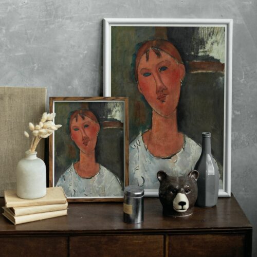 Amedeo Modigliani's 'Jeune femme en chemise', portraying a young woman in a patterned blouse with a contemplative gaze. The painting is characterized by Modigliani's signature style of elongated facial features, simplified details, and a harmonious blend of earthy and pastel colors.