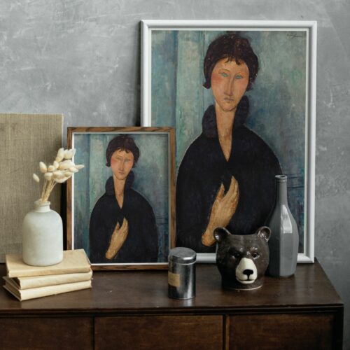 Modigliani's 'Femme aux yeux bleus', a portrait of a woman with an enigmatic expression, highlighted by piercing blue eyes and framed by dark hair. Her hand is gracefully positioned near her chest against a cool-toned abstract background, exemplifying the artist's focus on the elongation of form and emotion.