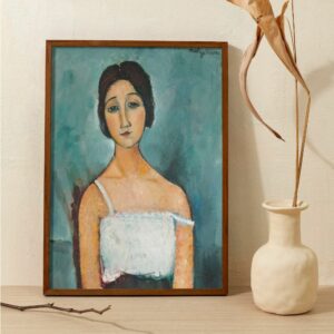 Portrait of 'Christina' by Amedeo Modigliani, capturing a reflective young woman in a white blouse with delicate straps, set against a textured turquoise background. The artwork is marked by Modigliani's signature style of softened geometric forms and elongated features, with a nuanced interplay of light and shadow.
