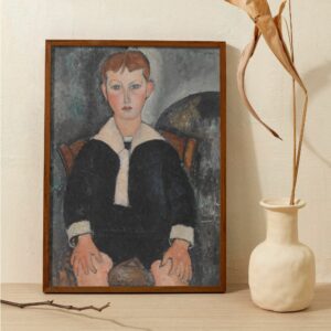 Portrait by Amedeo Modigliani of a boy in a sailor suit, showcasing the artist's signature style with bold contours and muted color palette. The boy's direct gaze and the thoughtful positioning of his hands reflect a mature poise, while his youthful features are rendered with Modigliani's characteristic simplicity and elongation.
