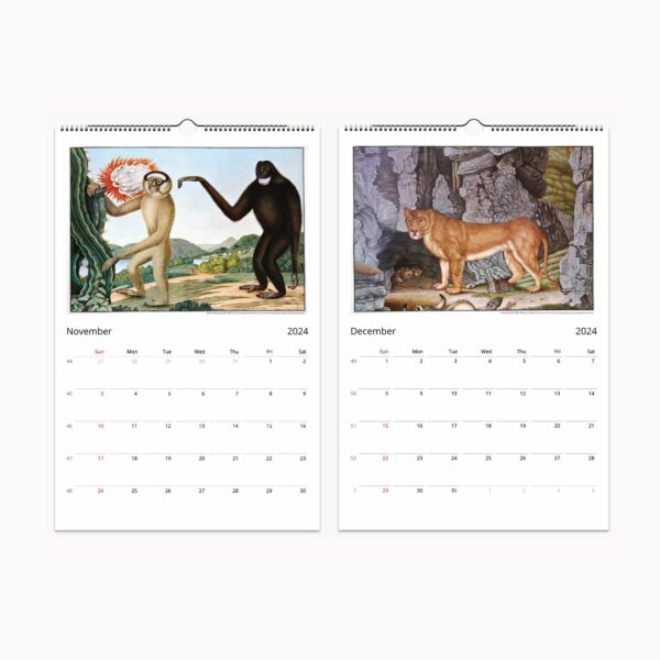 Mystical Menagerie calendar cover featuring the vivid wildlife art of Aloys Zötl with an intricately illustrated fantasy bird, combining features of peacock and ostrich, set against a detailed landscape of lush trees and mountains.