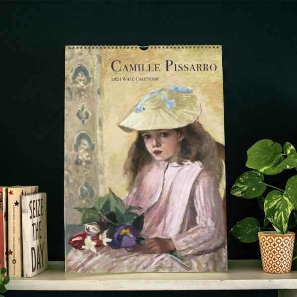 Wall Calendar featuring Camille Pissarro's Impressionist art, showcasing a young girl with a straw hat and a bouquet of flowers.
