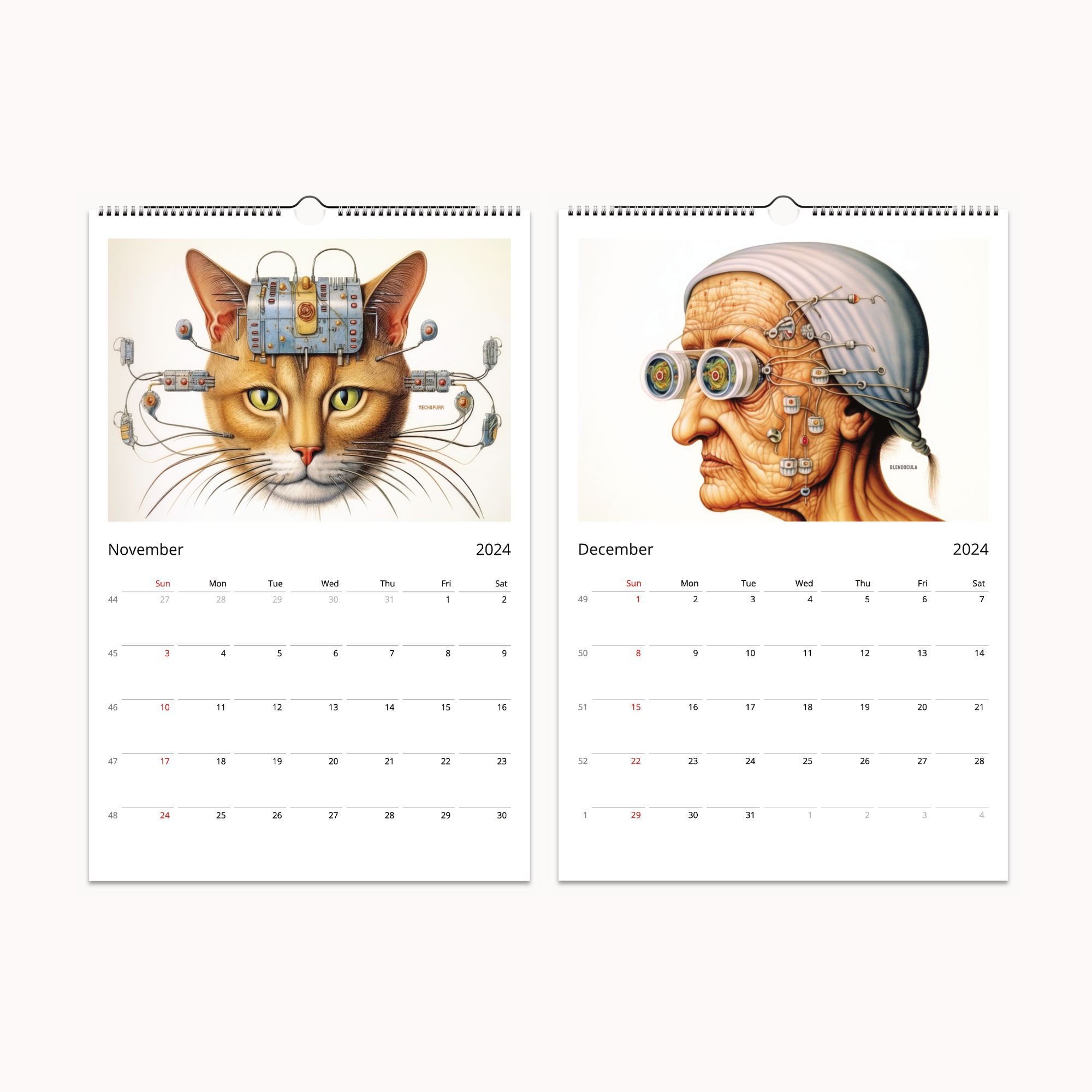 2024 Wall Calendar featuring 'Compendium Serafinitas': Surreal landscapes and creatures fill each month, inviting discovery and wonder, with space for notes and potential for framed art.
