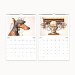 2024 Wall Calendar featuring 'Compendium Serafinitas': Surreal landscapes and creatures fill each month, inviting discovery and wonder, with space for notes and potential for framed art.