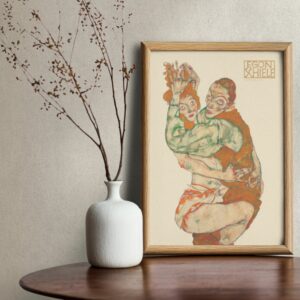 Egon Schiele 1915 Lovemaking Art Poster - Intense Expressionist Depiction of an Embracing Couple in Vibrant Orange and Green Hues