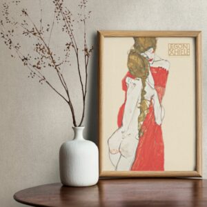Egon Schiele 1913 Mother and Daughter Poster - Intimate Expressionist Artwork with Bold Red Tones and Emotive Figures
