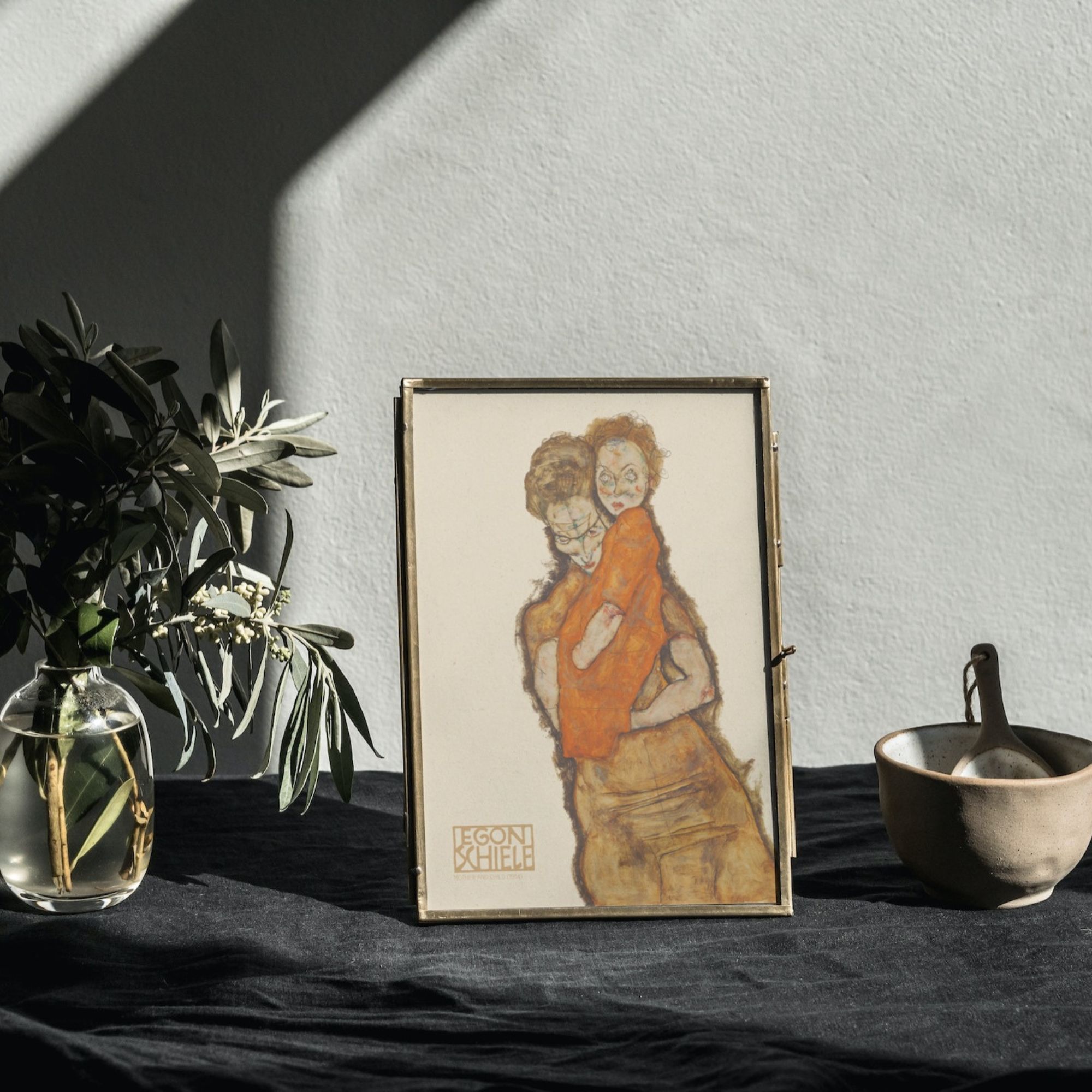 Egon Schiele 1914 Poster - 'Mother and Child' Artistic Representation with Warm Earth Tones and Intense Emotional Expression
