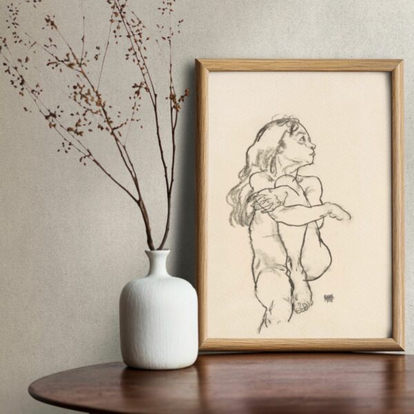 Egon Schiele 1918 Poster - 'Seated Nude Girl' with Delicate Pencil Lines and Soft Shading, Capturing the Essence of Early Expressionist Art