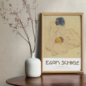 Vintage Egon Schiele Poster featuring 'Two Friends' from 1912 - Displaying Schiele's distinctive expressionist style in gouache, watercolor, and pencil on paper