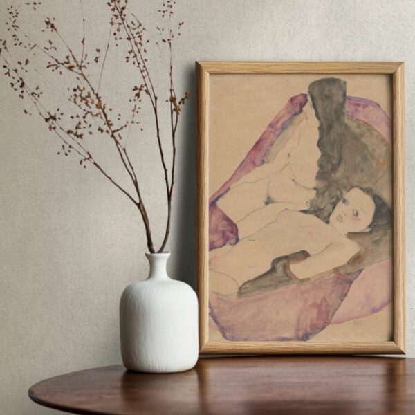 Egon Schiele 1911 Poster - 'Two Reclining Nudes' with Soft Watercolor Shades and Bold Outlines, Capturing the Intimacy and Artistry of Schiele's Figures.