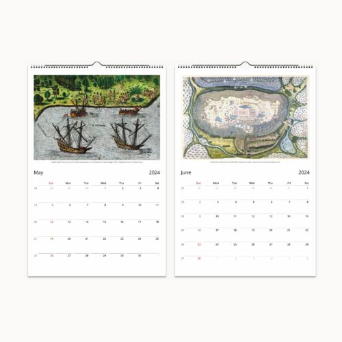 2024 'From Antwerp to New York' Wall Calendar with restored historical maps and educational narratives, perfect for history buffs and geography enthusiasts, offering space for notes and framable art.