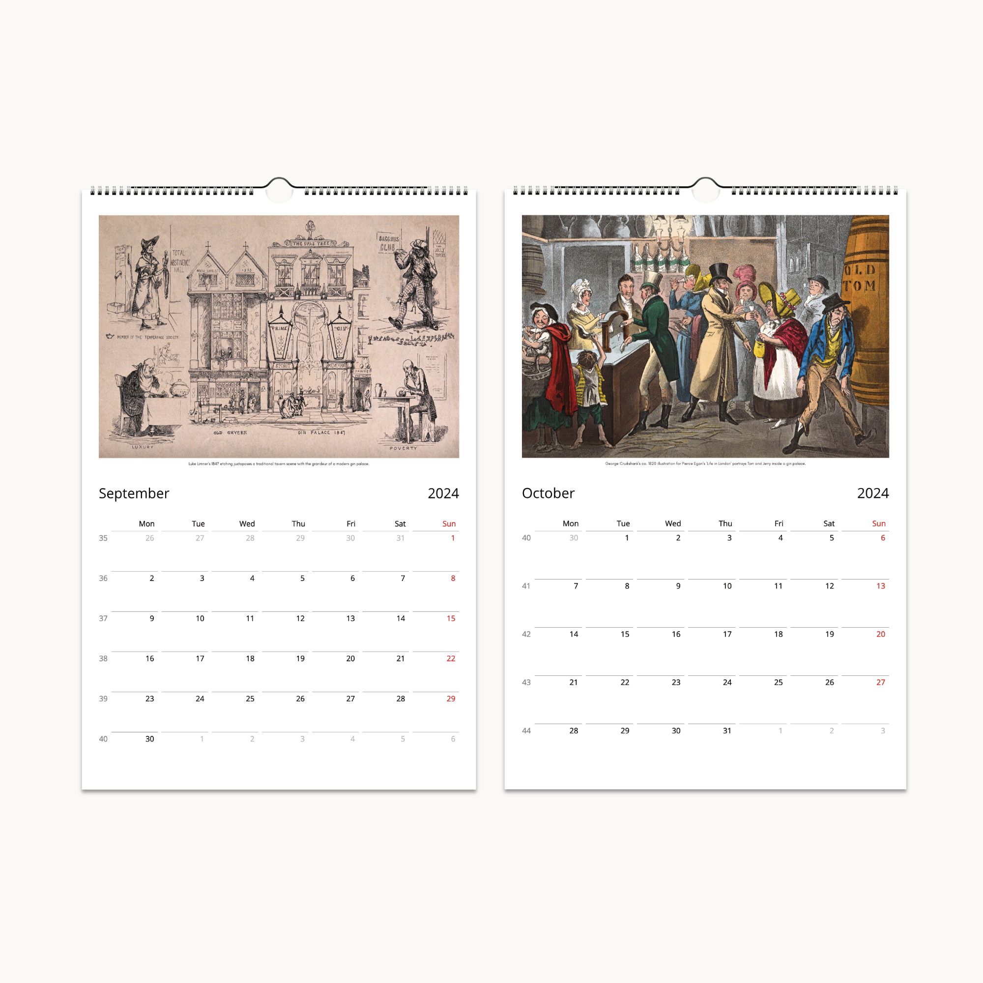 Artistic representation of England's gin history from 1700–1850, as featured in the 2024 Gin Chronicles Wall Calendar.