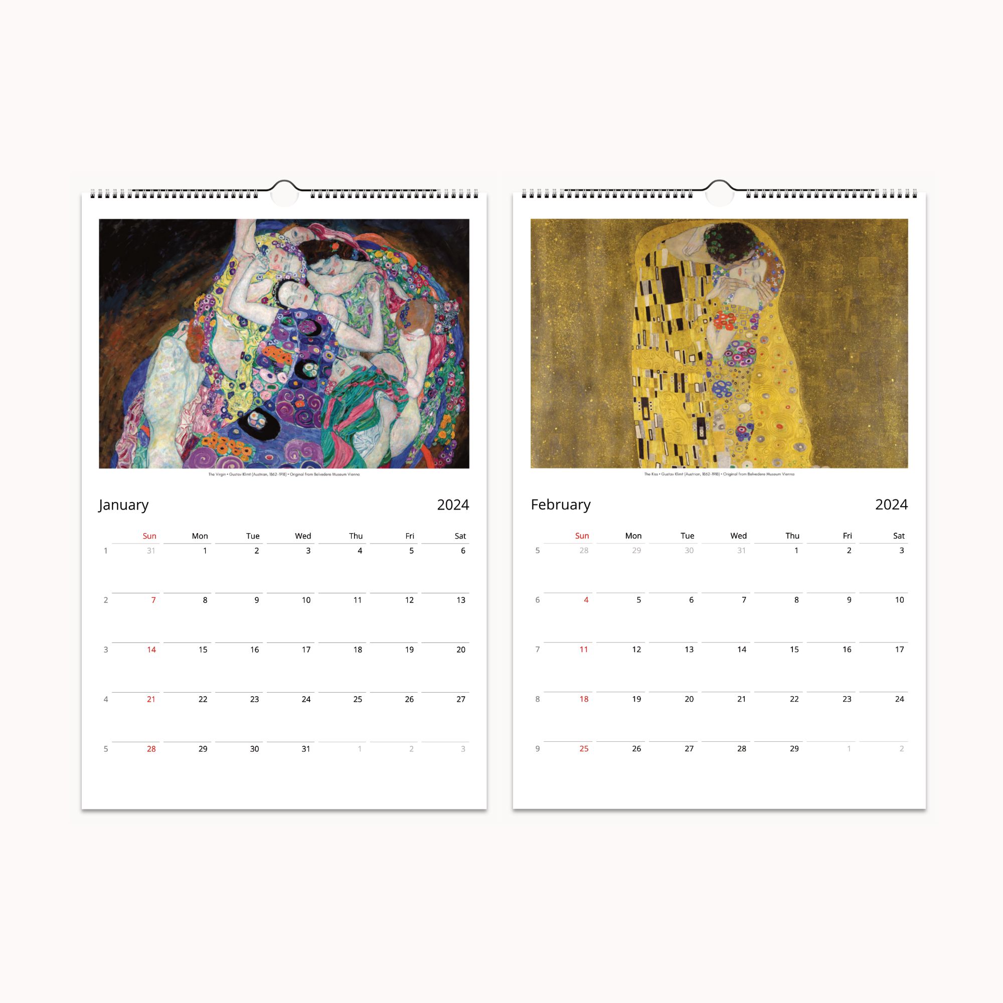 2024 Wall Calendar with Gustav Klimt's masterpieces, providing monthly artistic inspiration and space for personal notes, with collectible prints suitable for framing.