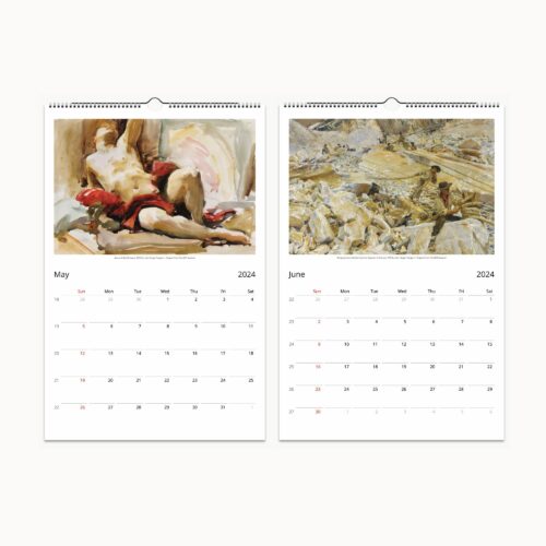 2024 wall calendar featuring a classic John Singer Sargent painting with a portrait of a young girl in a black dress with a red belt and a small dog