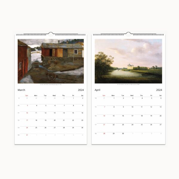 2024 Scandinavian Art & Lifestyle Calendar with classic artworks by Sohlberg, Hammershøi, and others, with space for notes and Hygge-inspired living.