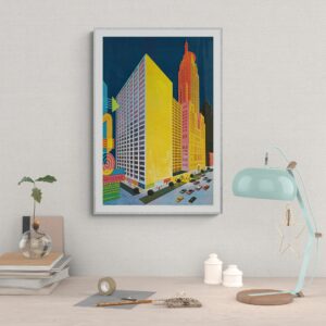 Vintage 1960s Sheraton-Chicago Hotel Poster on Michigan Avenue with Vibrant Retro Color Palette and Mid-Century Modern Architecture Illustration for Wall Art.