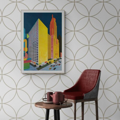 Vintage 1960s Sheraton-Chicago Hotel Poster on Michigan Avenue with Vibrant Retro Color Palette and Mid-Century Modern Architecture Illustration for Wall Art.