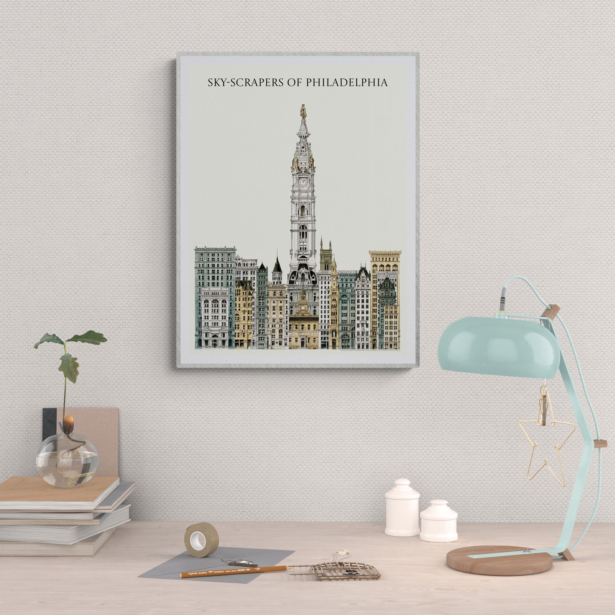 1898 Philadelphia Skyline Poster featuring the iconic City Hall and historic skyscrapers in detailed architectural drawing, ideal for vintage urban decor enthusiasts.