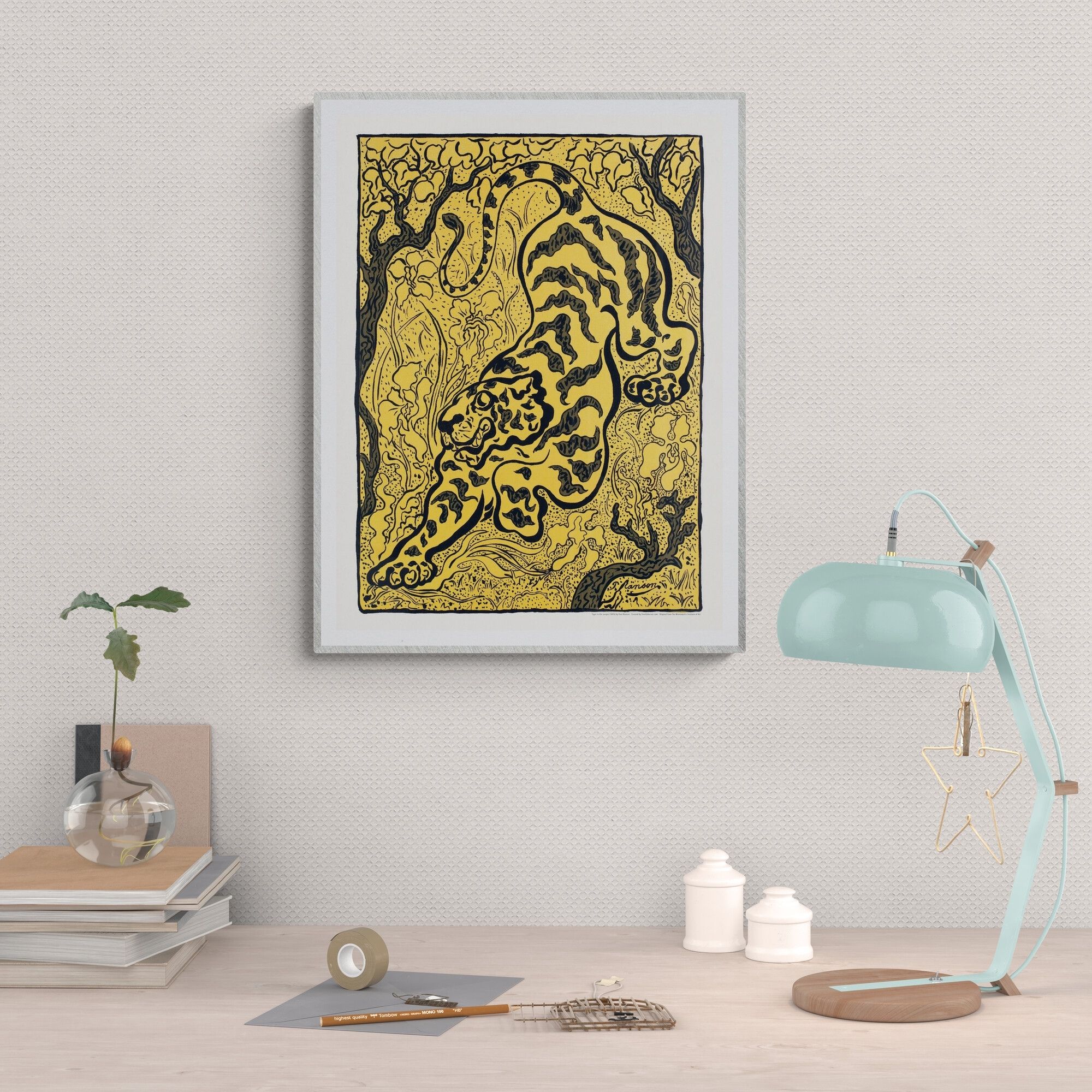 Stylized black and gold Art Nouveau poster of a tiger in a jungle with intricate tree and leaf patterns, by Paul Ranson, evoking a dynamic and exotic atmosphere.