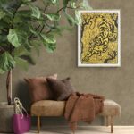 Stylized black and gold Art Nouveau poster of a tiger in a jungle with intricate tree and leaf patterns, by Paul Ranson, evoking a dynamic and exotic atmosphere.