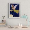 Art Nouveau style angel flying in starry sky, with halo and ornate green gown, over a crescent moon face, in a vintage Vanity Fair poster.
