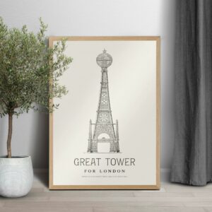 Collection of 'Great Tower for London' conceptual posters from 1890, depicting various architectural tower designs in a detailed monochrome style, evoking the Art Nouveau era and reminiscent of the Eiffel Tower's iconic design, intended for art historians, collectors, and architectural enthusiasts.