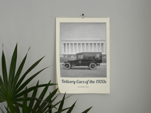 2024 Wall Calendar titled 'Delivery Cars of the 1920s', featuring high-resolution images of historic delivery vehicles from the 1920s, complete with detailed historical descriptions and ample space for notes. Ideal for history and automobile enthusiasts interested in the evolution of delivery services.