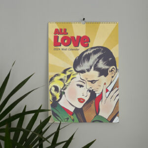 2024 Wall Calendar with classic 'All-Love' comic scenes from Ace Magazines, perfect as a nostalgic and functional gift for men who cherish the golden age of comics, with space for notes and framable artwork.