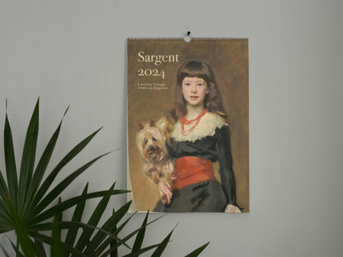 2024 wall calendar featuring a classic John Singer Sargent painting with a portrait of a young girl in a black dress with a red belt and a small dog