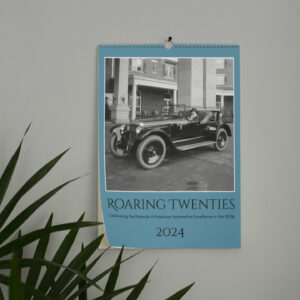 2024 Roaring Twenties Wall Calendar featuring twelve high-resolution images of classic American automobiles from the 1920s, including models from Auburn to Studebaker, restored from the Library of Congress archives, accompanied by historical notes, printed on eco-friendly paper.