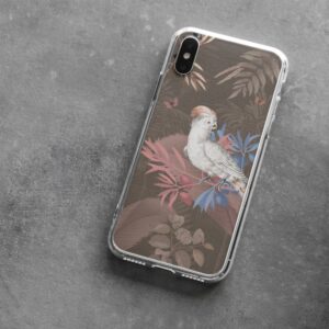 Modern phone case with a whimsical bird and tropical foliage design, combining nature-inspired elements for a unique smartphone accessory against a muted background