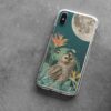 Protective phone case featuring a nocturnal owl in a lush midnight garden under a full moon, perfect for nature enthusiasts who appreciate detailed wildlife illustrations on a grey background