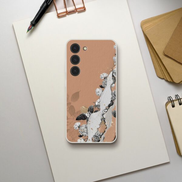 Stylish phone case with abstract floral design in earth tones, offering a modern artistic twist for protective smartphone accessories on a textured background