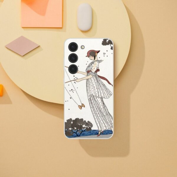 George Barbier phone case design featuring an elegant woman fishing by a lakeside, capturing the essence of Art Deco fashion and leisure, ideal for adding a touch of vintage flair to your smartphone.