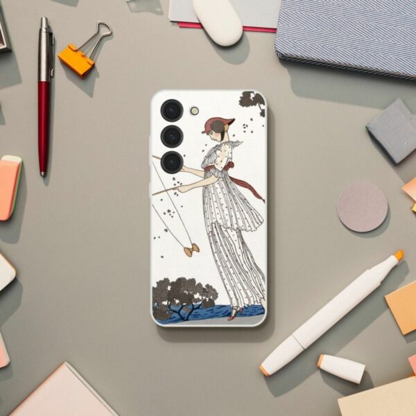 George Barbier phone case design featuring an elegant woman fishing by a lakeside, capturing the essence of Art Deco fashion and leisure, ideal for adding a touch of vintage flair to your smartphone.