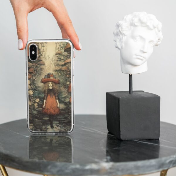 Vintage Arthur Rackham art phone case, featuring a whimsical illustration of a girl in a red dress with forest mushrooms, designed to protect and stylize your device while celebrating the enchanting Golden Age of British illustration.