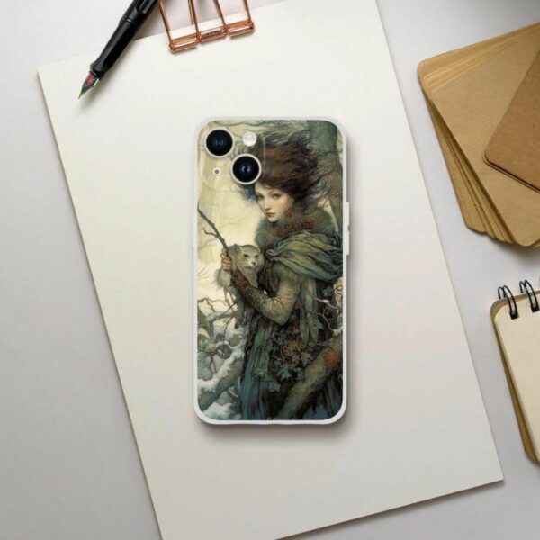 Arthur Rackham inspired phone case featuring a detailed illustration of a woman with an animal companion in a mystical forest setting, perfect for adding a touch of classic art and protection to your smartphone.