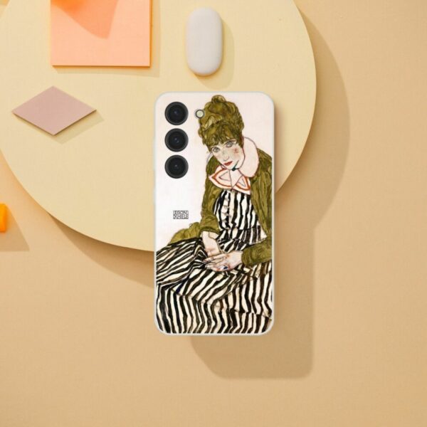 Vintage Egon Schiele inspired phone case featuring a portrait of a woman in a striped dress, blending classic art with modern protection for your smartphone, perfect for those who appreciate early 20th-century expressionist art.