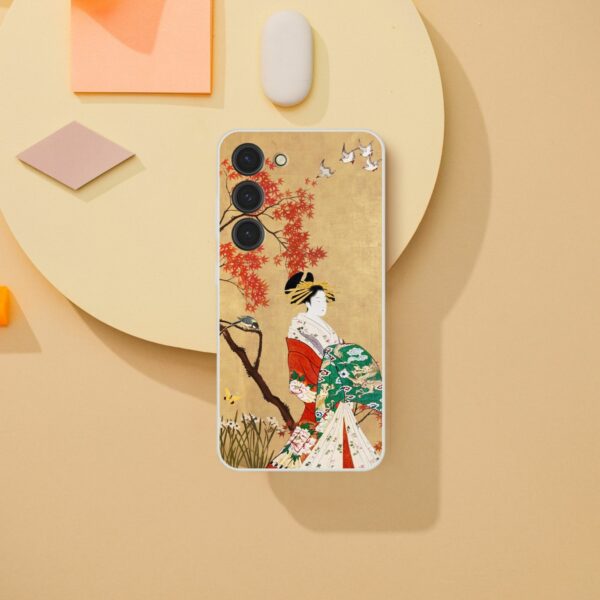 Stylish phone case with a traditional Japanese geisha illustration, set against a backdrop of autumn maple trees and a parchment-like texture, perfect for those who appreciate cultural art on their devices
