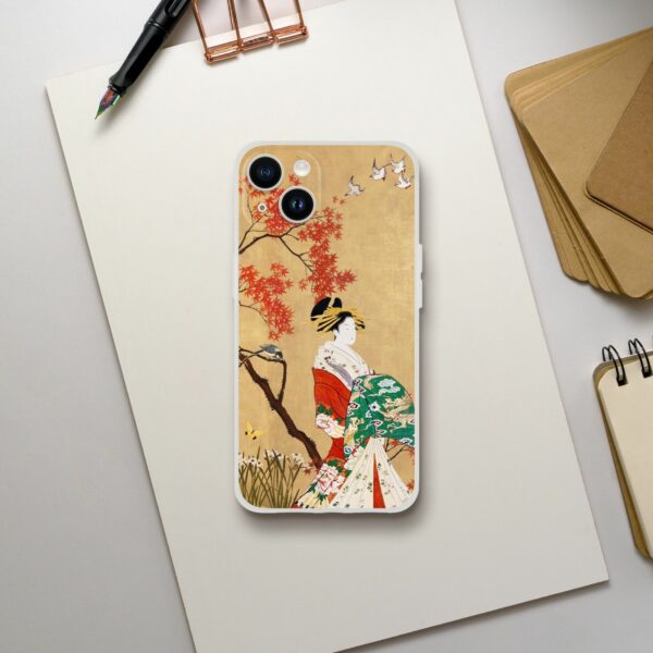 Stylish phone case with a traditional Japanese geisha illustration, set against a backdrop of autumn maple trees and a parchment-like texture, perfect for those who appreciate cultural art on their devices