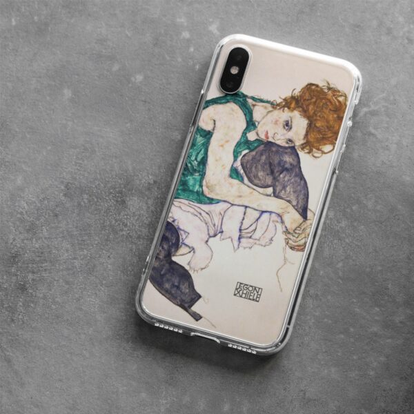 Egon Schiele inspired phone case design featuring a portrait of a reclining woman with vivid colors, merging distinctive art nouveau elements with modern mobile protection, ideal for art enthusiasts and collectors.