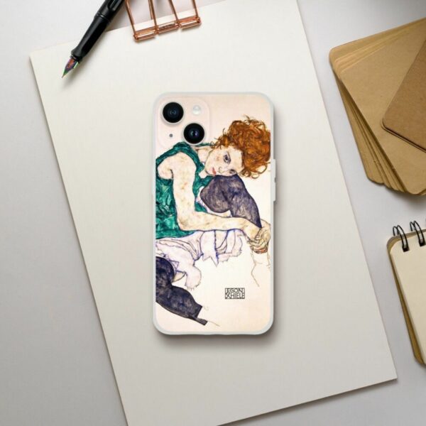 Egon Schiele inspired phone case design featuring a portrait of a reclining woman with vivid colors, merging distinctive art nouveau elements with modern mobile protection, ideal for art enthusiasts and collectors.