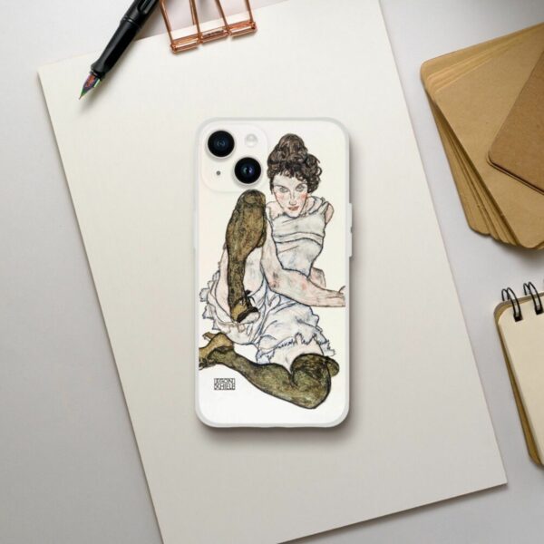 Egon Schiele inspired artwork phone case featuring an expressive portrait of a seated woman with a bold pose, offering a fusion of modern smartphone protection and classic Viennese art nouveau style.