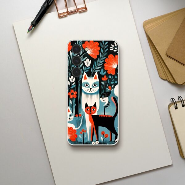 Quirky and colorful phone case featuring playful cats amidst a vibrant floral pattern, perfect for cat lovers looking for a unique and protective accessory for their smartphone