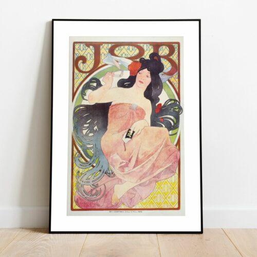 Alphonse Mucha 1896 Art Nouveau poster featuring a reclining woman with dark hair adorned with flowers, holding a champagne glass, against a decorative background.