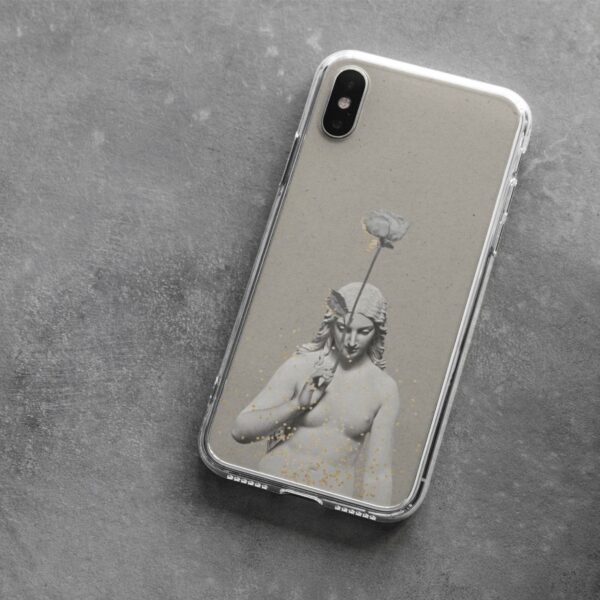 Elegant phone case with a classical sculpture design and gold speckle accents, merging art and modern protection for smartphones on a gray textured background