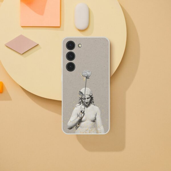 Elegant phone case with a classical sculpture design and gold speckle accents, merging art and modern protection for smartphones on a gray textured background