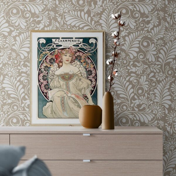 1898 Mucha Art Nouveau poster with a graceful woman, floral backdrop, and elaborate dress representing Parisian elegance.