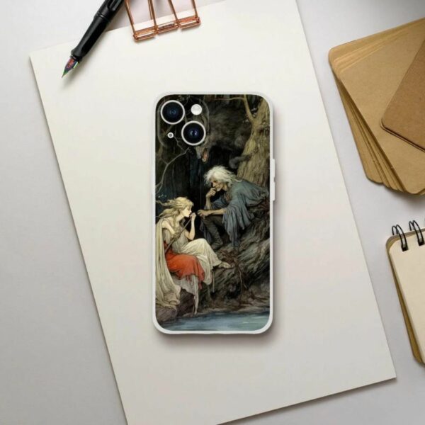 Arthur Rackham art phone case featuring a captivating scene with a young maiden, an elderly woman, and a fearsome wolf in a mystical forest, ideal for art lovers looking to combine device protection with timeless illustration.